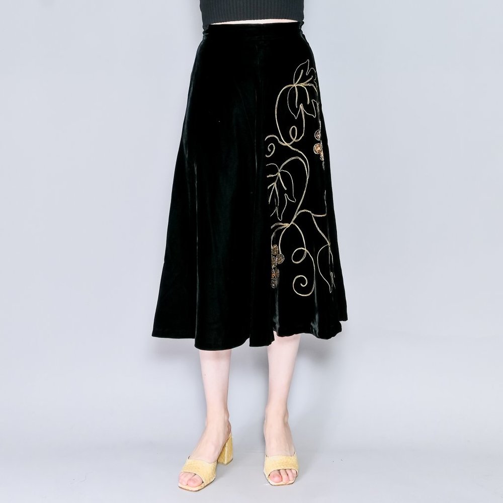 VINTAGE Grapes Wine Black Velvet Midi Skirt with Gold Sequin Embroidered